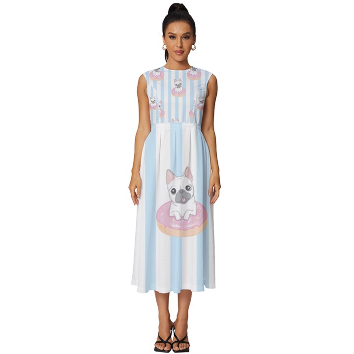 French Bulldog Dog Seamless Pattern Sleeveless Round Neck Midi Dress