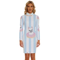 French Bulldog Dog Seamless Pattern Long Sleeve Shirt Collar Bodycon Dress