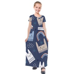 Colorful Cute Cat Seamless Pattern Kids  Short Sleeve Maxi Dress