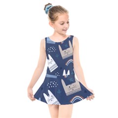 Colorful Cute Cat Seamless Pattern Kids  Skater Dress Swimsuit