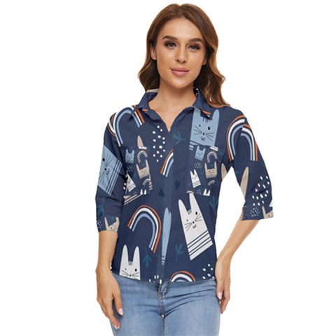 Colorful Cute Cat Seamless Pattern Women s Quarter Sleeve Pocket Shirt by Salman4z