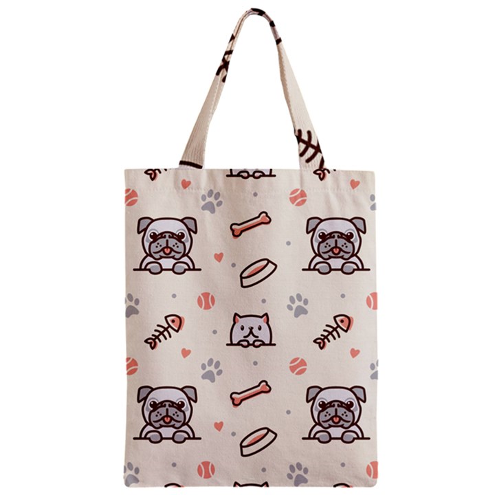 Pug Dog Cat With Bone Fish Bones Paw Prints Ball Seamless Pattern Vector Background Zipper Classic Tote Bag