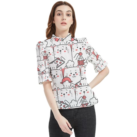 Cute Cat Chef Cooking Seamless Pattern Cartoon Frill Neck Blouse by Salman4z