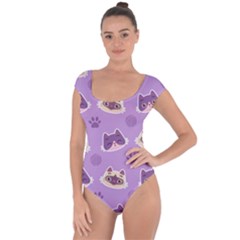 Cute Colorful Cat Kitten With Paw Yarn Ball Seamless Pattern Short Sleeve Leotard  by Salman4z