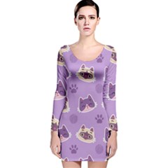 Cute Colorful Cat Kitten With Paw Yarn Ball Seamless Pattern Long Sleeve Velvet Bodycon Dress by Salman4z