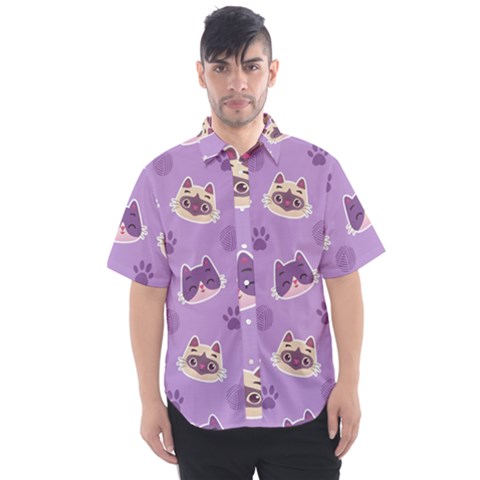 Cute Colorful Cat Kitten With Paw Yarn Ball Seamless Pattern Men s Short Sleeve Shirt by Salman4z