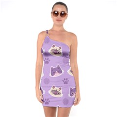 Cute Colorful Cat Kitten With Paw Yarn Ball Seamless Pattern One Shoulder Ring Trim Bodycon Dress by Salman4z