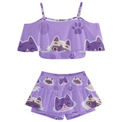 Cute Colorful Cat Kitten With Paw Yarn Ball Seamless Pattern Kids  Off Shoulder Skirt Bikini by Salman4z