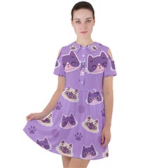 Cute Colorful Cat Kitten With Paw Yarn Ball Seamless Pattern Short Sleeve Shoulder Cut Out Dress  by Salman4z