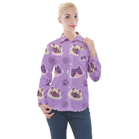 Cute Colorful Cat Kitten With Paw Yarn Ball Seamless Pattern Women s Long Sleeve Pocket Shirt by Salman4z