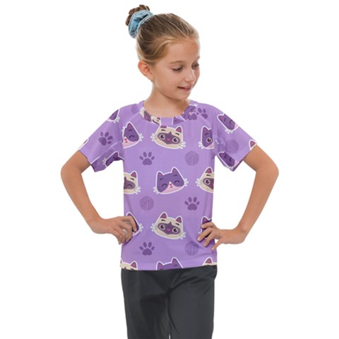 Cute Colorful Cat Kitten With Paw Yarn Ball Seamless Pattern Kids  Mesh Piece Tee by Salman4z