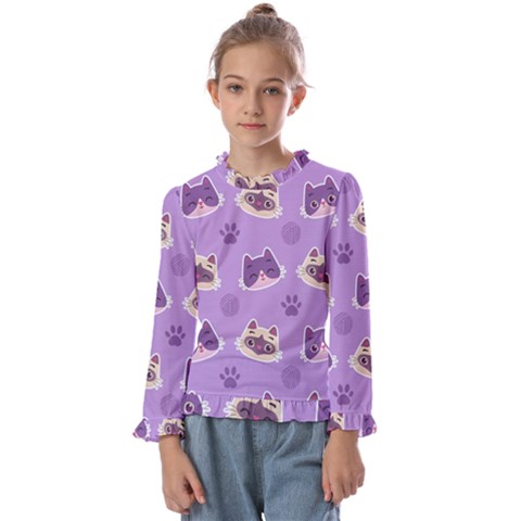 Cute Colorful Cat Kitten With Paw Yarn Ball Seamless Pattern Kids  Frill Detail Tee by Salman4z