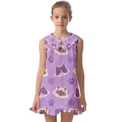 Cute Colorful Cat Kitten With Paw Yarn Ball Seamless Pattern Kids  Pilgrim Collar Ruffle Hem Dress by Salman4z