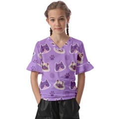 Cute Colorful Cat Kitten With Paw Yarn Ball Seamless Pattern Kids  V-neck Horn Sleeve Blouse by Salman4z