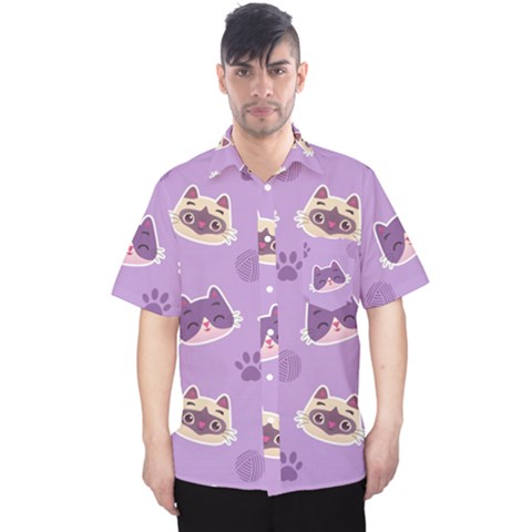 Cute Colorful Cat Kitten With Paw Yarn Ball Seamless Pattern Men s Hawaii Shirt by Salman4z