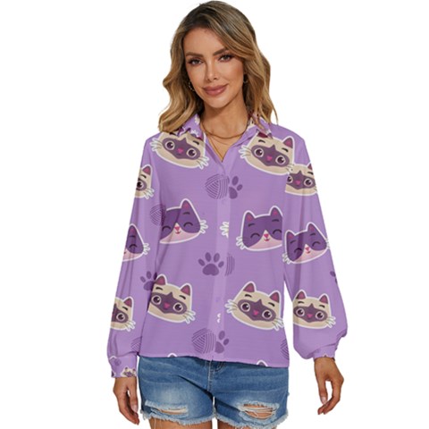 Cute Colorful Cat Kitten With Paw Yarn Ball Seamless Pattern Women s Long Sleeve Button Up Shirt by Salman4z