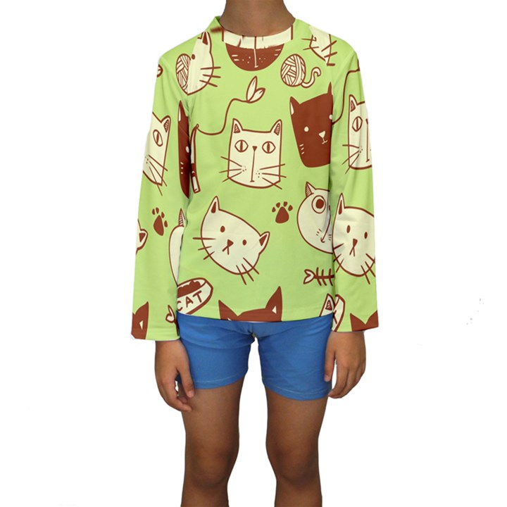 Cute Hand Drawn Cat Seamless Pattern Kids  Long Sleeve Swimwear