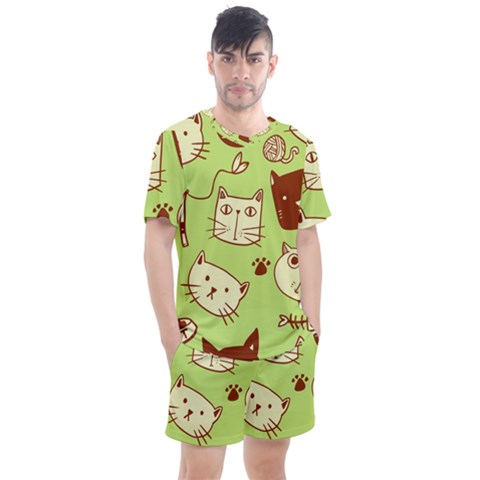 Cute Hand Drawn Cat Seamless Pattern Men s Mesh Tee And Shorts Set by Salman4z