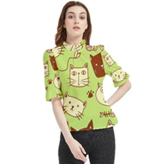 Cute Hand Drawn Cat Seamless Pattern Frill Neck Blouse