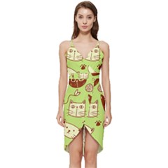 Cute Hand Drawn Cat Seamless Pattern Wrap Frill Dress