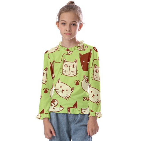 Cute Hand Drawn Cat Seamless Pattern Kids  Frill Detail Tee by Salman4z