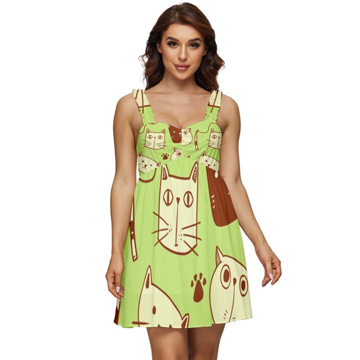 Cute Hand Drawn Cat Seamless Pattern Ruffle Strap Babydoll Chiffon Dress