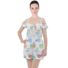 Cartoon Bird Cute Doodle Bird Ruffle Cut Out Chiffon Playsuit by Salman4z