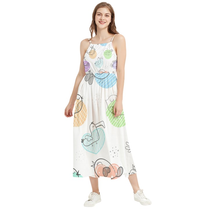 Cartoon Bird Cute Doodle Bird Boho Sleeveless Summer Dress