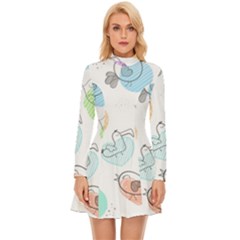 Cartoon Bird Cute Doodle Bird Long Sleeve Velour Longline Dress by Salman4z