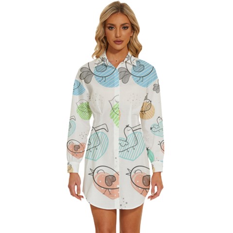 Cartoon Bird Cute Doodle Bird Womens Long Sleeve Shirt Dress by Salman4z