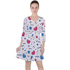 Hearts Seamless Pattern Memphis Style Quarter Sleeve Ruffle Waist Dress by Salman4z