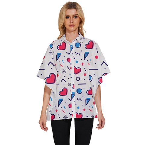 Hearts Seamless Pattern Memphis Style Women s Batwing Button Up Shirt by Salman4z