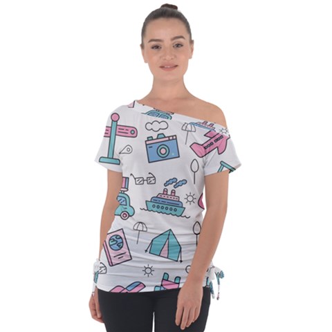 Transportation Seamless Pattern Off Shoulder Tie-up Tee by Salman4z