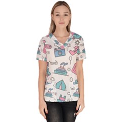 Transportation Seamless Pattern Women s V-neck Scrub Top