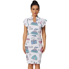 Transportation Seamless Pattern Vintage Frill Sleeve V-neck Bodycon Dress by Salman4z