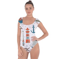 Nautical Elements Pattern Background Short Sleeve Leotard  by Salman4z