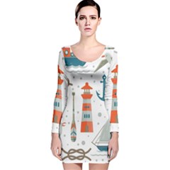 Nautical Elements Pattern Background Long Sleeve Velvet Bodycon Dress by Salman4z