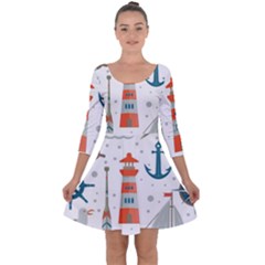 Nautical Elements Pattern Background Quarter Sleeve Skater Dress by Salman4z