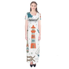 Nautical Elements Pattern Background Short Sleeve Maxi Dress by Salman4z