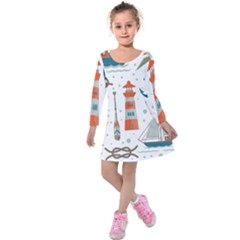 Nautical Elements Pattern Background Kids  Long Sleeve Velvet Dress by Salman4z