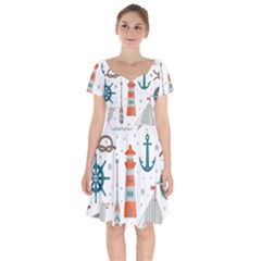 Nautical Elements Pattern Background Short Sleeve Bardot Dress by Salman4z