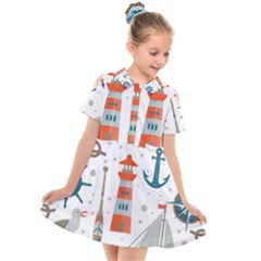 Nautical Elements Pattern Background Kids  Short Sleeve Shirt Dress by Salman4z