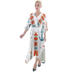 Nautical Elements Pattern Background Quarter Sleeve Wrap Front Maxi Dress by Salman4z