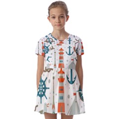 Nautical Elements Pattern Background Kids  Short Sleeve Pinafore Style Dress by Salman4z