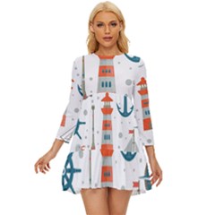 Nautical Elements Pattern Background Long Sleeve Babydoll Dress by Salman4z