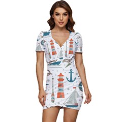 Nautical Elements Pattern Background Low Cut Cap Sleeve Mini Dress by Salman4z