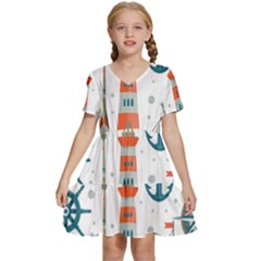 Nautical Elements Pattern Background Kids  Short Sleeve Tiered Mini Dress by Salman4z