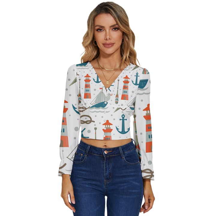 Nautical Elements Pattern Background Long Sleeve V-Neck Top