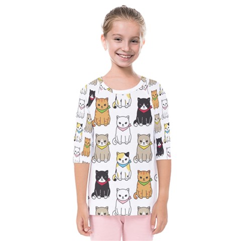 Cat Kitten Seamless Pattern Kids  Quarter Sleeve Raglan Tee by Salman4z