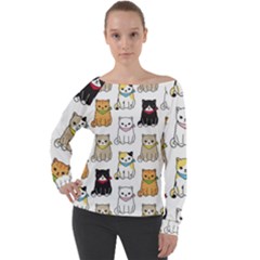 Cat Kitten Seamless Pattern Off Shoulder Long Sleeve Velour Top by Salman4z